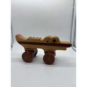 Unique Vintage Hand Carved Wooden Alligator Crocodile on Wheels Toy